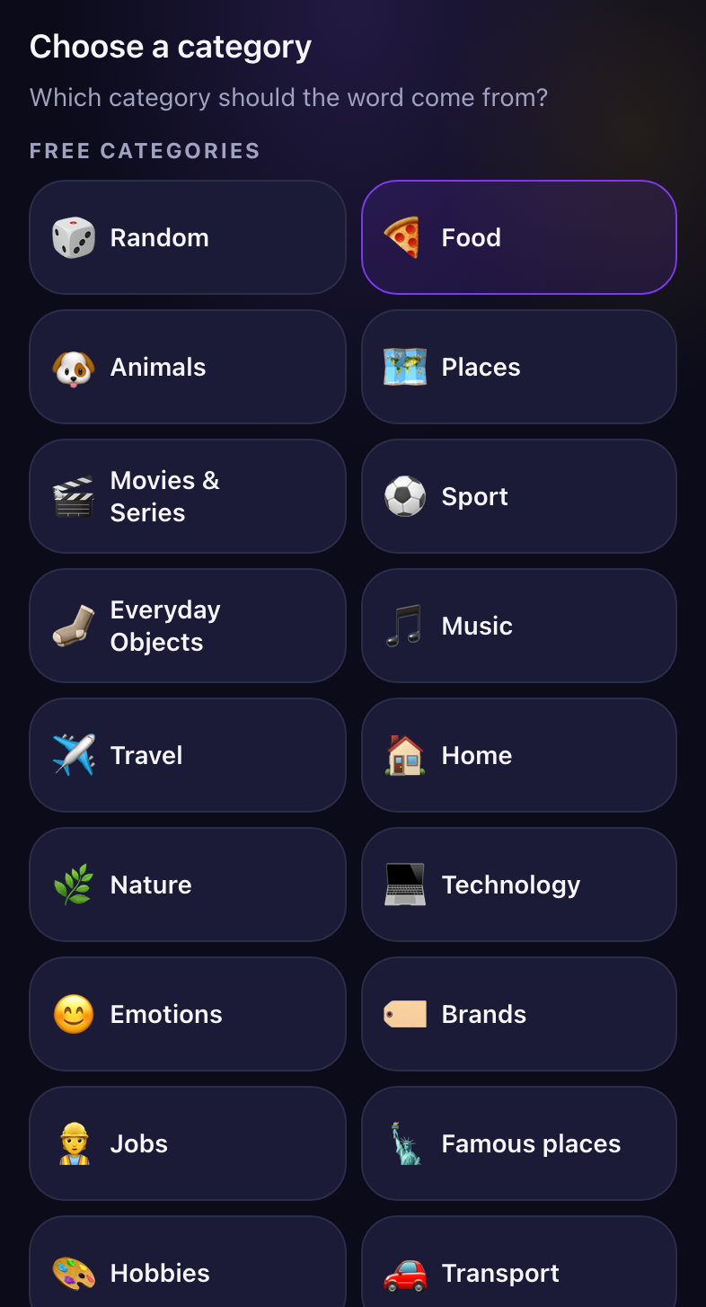 The category picker in the Blefuj setup: a grid of free categories with icons, Food selected.
