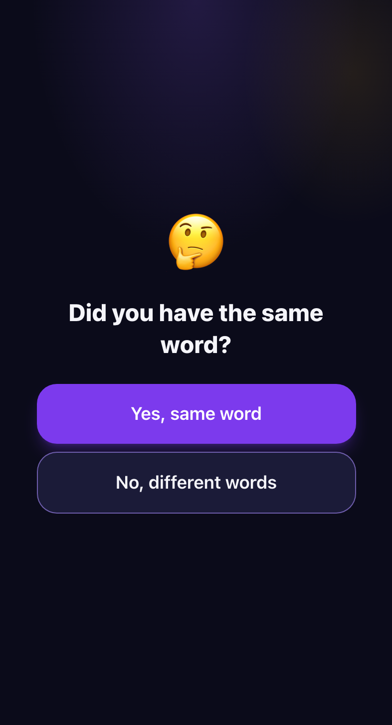 The Duo guess screen in Blefuj: “Did you have the same word?” with two answers to choose from.