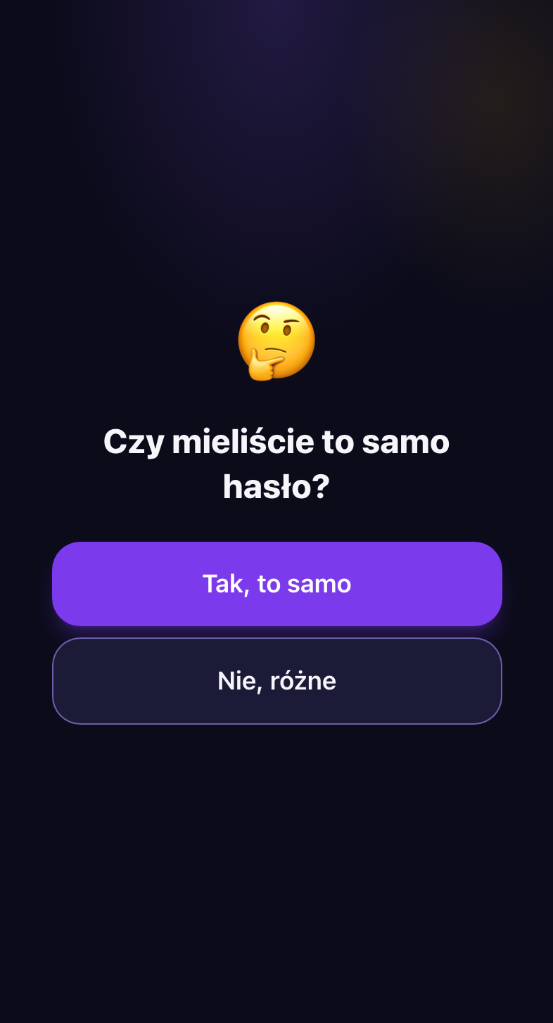 Ekran zgadywania w trybie Duo w Blefuj: pytanie „Czy mieliście to samo hasło?” i dwie odpowiedzi do wyboru.