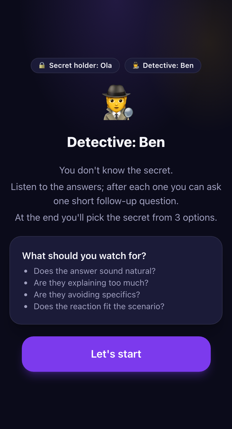 The Detective's briefing in Mind Leak: both players' roles, the “What should you watch for?” list and the button to start the interrogation. The secret is not shown.