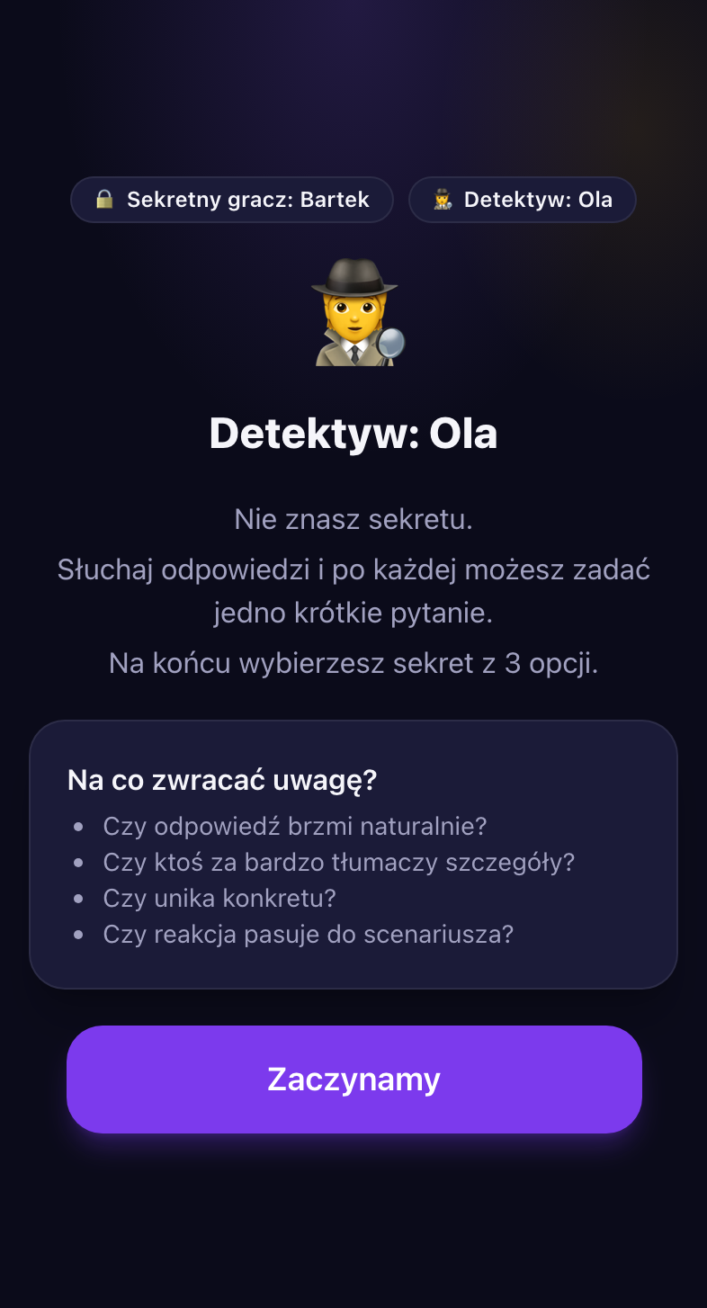 Odprawa Detektywa w Podsłuchu: role obu graczy, lista „Na co zwracać uwagę?” i przycisk rozpoczęcia przesłuchania. Sekret nie jest widoczny.