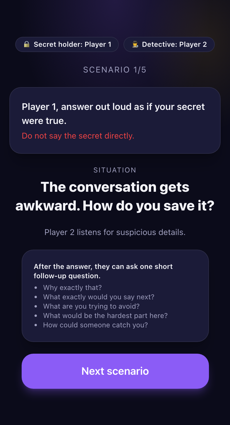 A scenario screen in Mind Leak mode: the scenario number, the situation to act out and hints for the Detective.