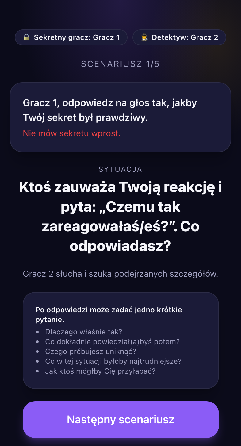 Ekran scenariusza w trybie Podsłuch: numer scenariusza, sytuacja do odegrania i wskazówki dla Detektywa.