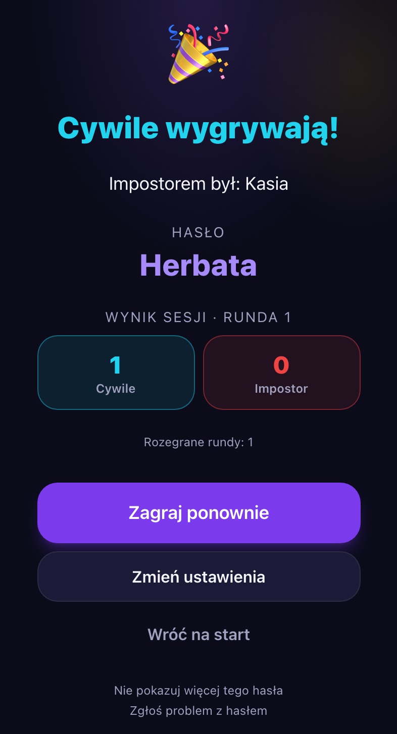 Ekran wyniku w Blefuj: „Cywile wygrywają!”, imię impostora, odsłonięte hasło i licznik wygranych sesji.
