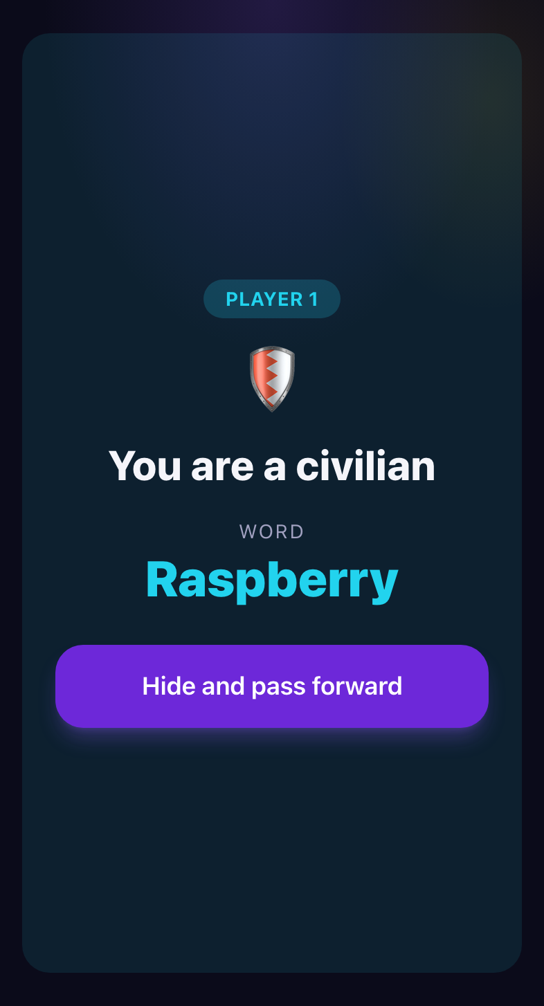 The civilian role screen in Blefuj with an example secret word and the “Hide and pass forward” button.