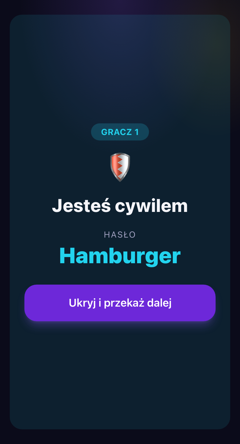 Ekran roli cywila w Blefuj z przykładowym tajnym hasłem i przyciskiem „Ukryj i przekaż dalej”.