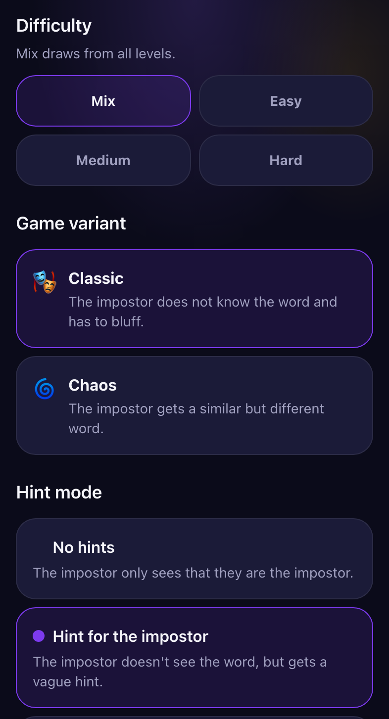 The lower part of the Blefuj setup: difficulty (Mix, Easy, Medium, Hard), game variant (Classic, Chaos) and hint mode.