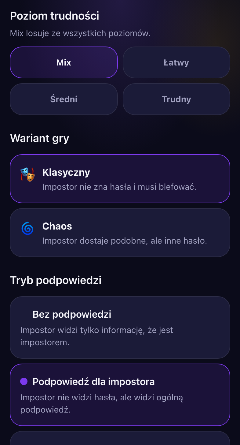 Dolna część ustawień w Blefuj: poziom trudności (Mix, Łatwy, Średni, Trudny), wariant gry (Klasyczny, Chaos) i tryb podpowiedzi.