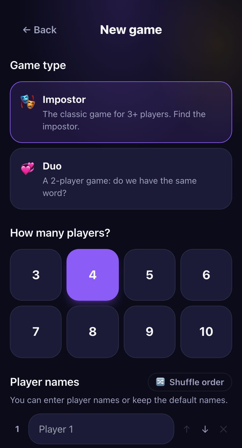 The game setup screen in Blefuj: choosing the mode, player count and impostor count.