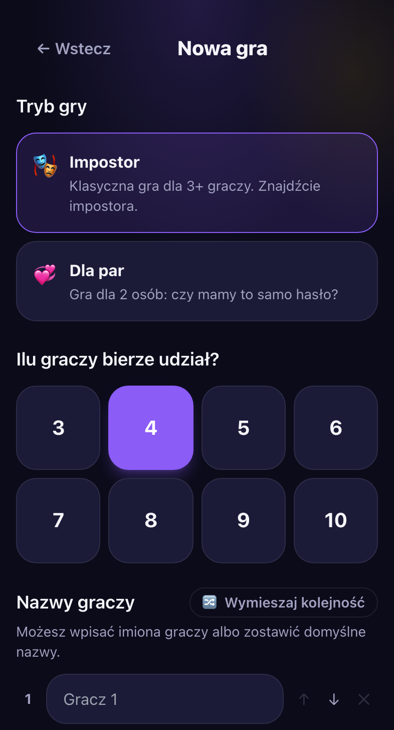 Ekran konfiguracji gry w Blefuj: wybór trybu, liczby graczy i liczby impostorów.