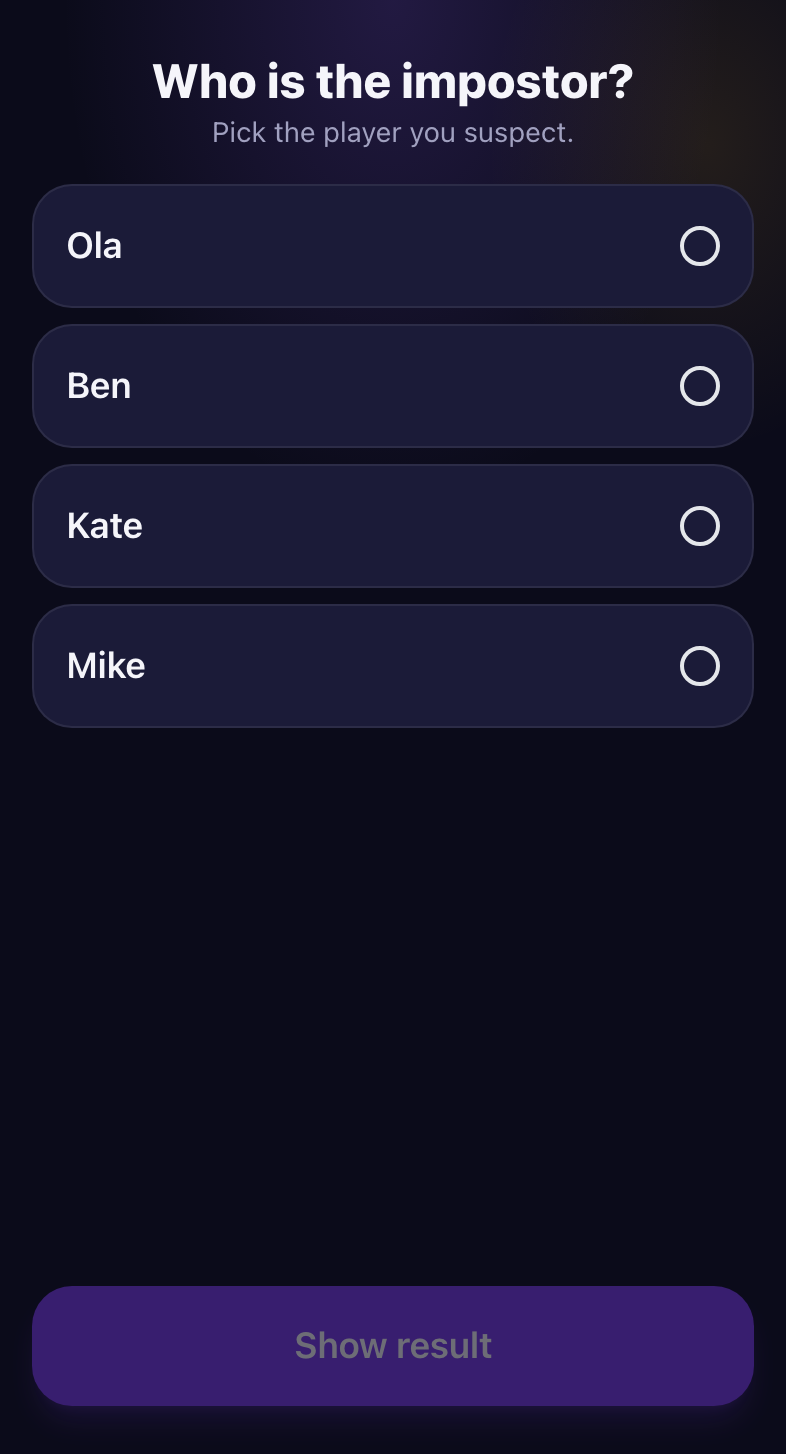 The voting screen in Blefuj: “Who is the impostor?”, a list of four players to pick from and a “Show result” button.